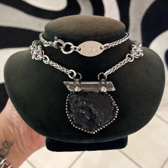 Natural black tourmaline & clear crystal quartz charm boho goth maille necklace - Picture 9 of 13